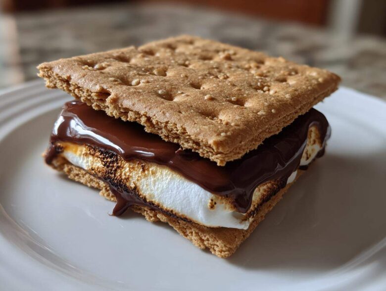 A close-up of a gooey HERSHEY'S S'mores sandwich featuring a toasted marshmallow, melted chocolate, and graham crackers.
