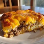 A hearty slice of Hobo Casserole Beef Potato Dish topped with melted, browned cheddar cheese.