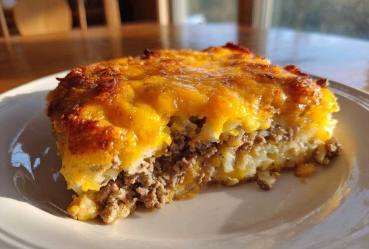 A hearty slice of Hobo Casserole Beef Potato Dish topped with melted, browned cheddar cheese.