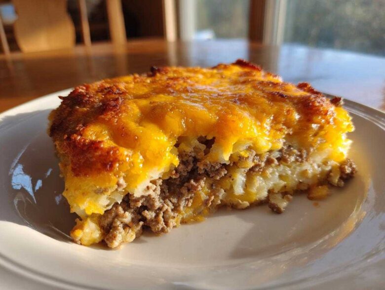 A hearty slice of Hobo Casserole Beef Potato Dish topped with melted, browned cheddar cheese.