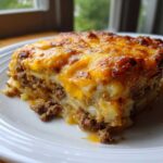 A hearty slice of Hobo Casserole Beef Potato Dish Comfort, layered with ground beef, potatoes, and topped with melted, browned cheddar cheese.