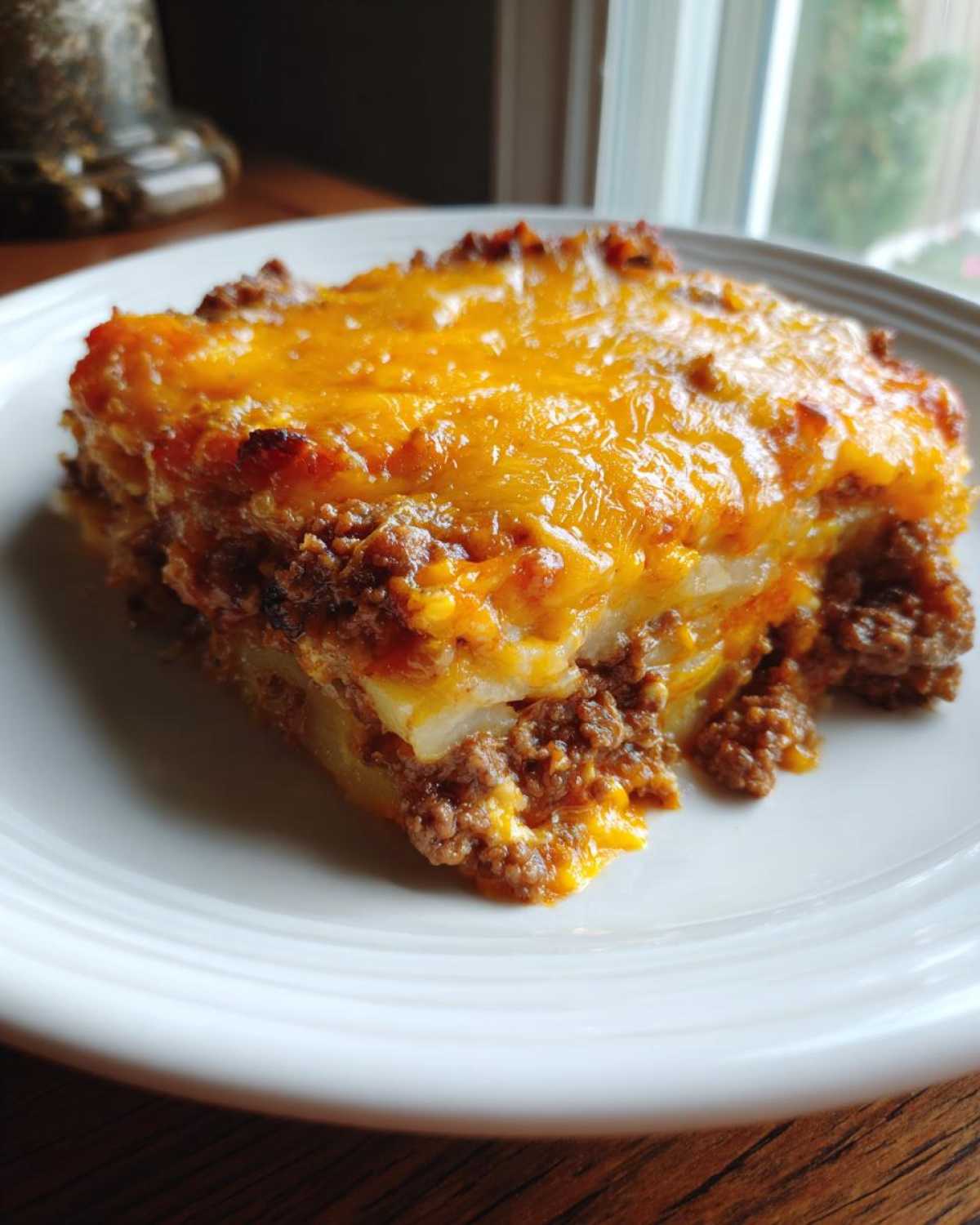 A generous slice of Hobo Casserole Beef Potato Dish Comfort topped with melted cheddar cheese.