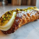 Close-up of a golden, crispy Homemade Cannoli filled with sweet cream and topped with chopped pistachios and powdered sugar.