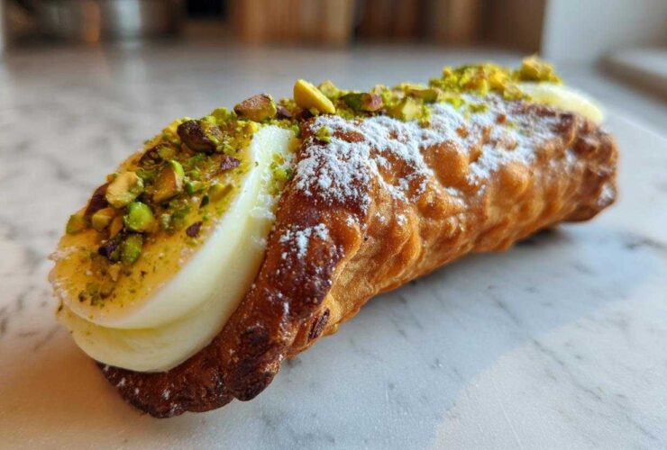 Close-up of a golden, crispy Homemade Cannoli filled with sweet cream and topped with chopped pistachios and powdered sugar.