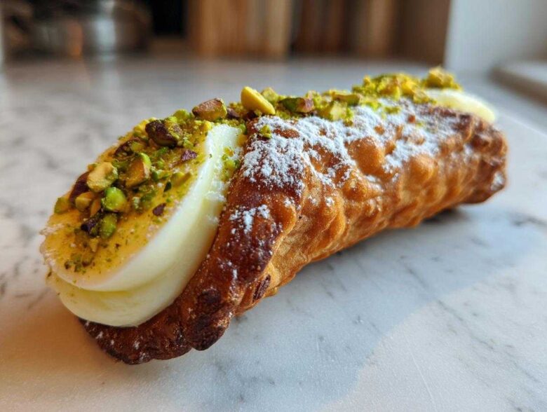 Close-up of a golden, crispy Homemade Cannoli filled with sweet cream and topped with chopped pistachios and powdered sugar.