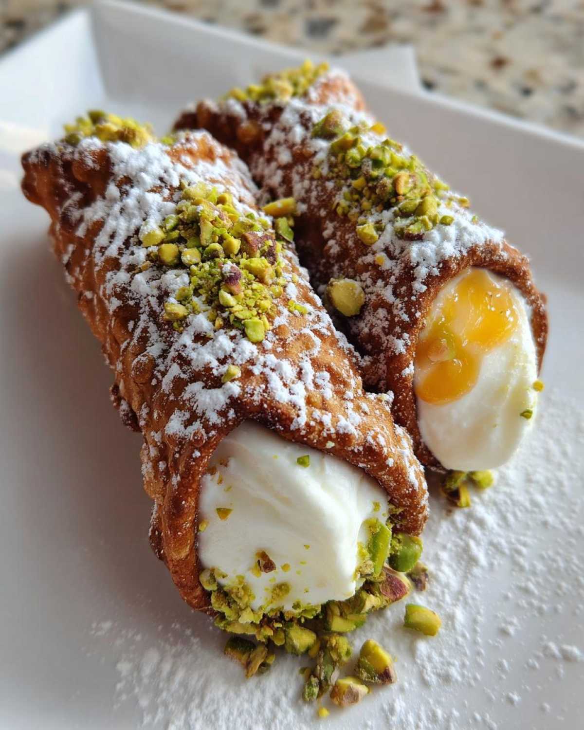 Three delicious Homemade Cannoli filled with ricotta cream, dusted with powdered sugar, and topped with chopped pistachios.