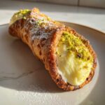 A close-up of a freshly made Homemade Cannoli filled with creamy ricotta and topped with crushed pistachios and powdered sugar.
