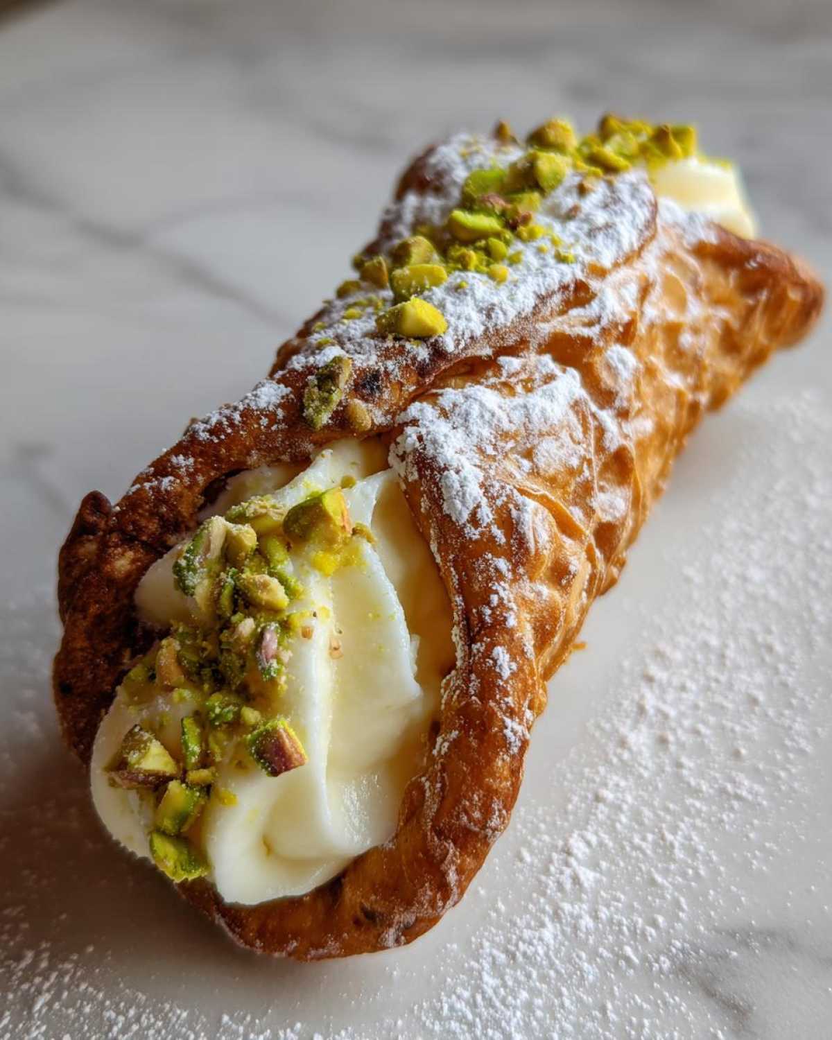 Close-up of a single Homemade Cannoli filled with sweet ricotta cream and topped with chopped pistachios and powdered sugar.
