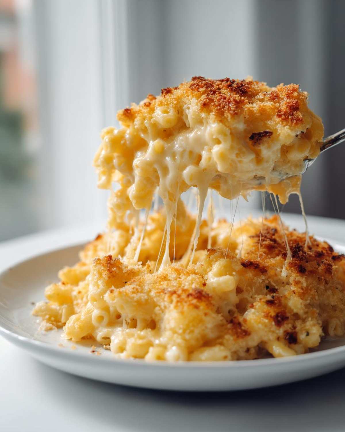 A spoonful of Homemade Mac and Cheese Right Here showing extreme cheese pull over a baked dish with a golden crust.