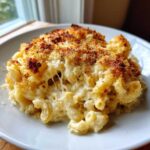 A close-up serving of Homemade Mac and Cheese Right Here showing gooey cheese pulls and a golden, crispy breadcrumb topping.