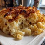 A close-up of a serving of Homemade Mac and Cheese Right Here with a crispy, browned breadcrumb topping and cheesy pull.