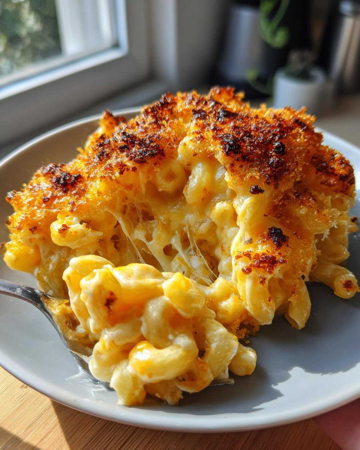 A serving of baked Homemade Mac and Cheese Right Here with a crispy, browned top and cheesy pull as a spoonful is lifted.