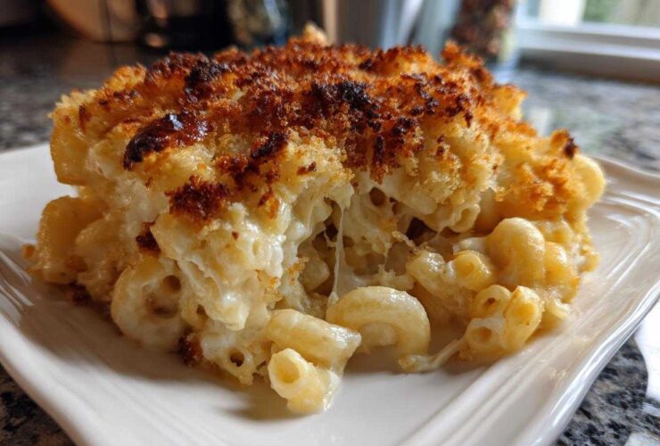 A close-up of a serving of Homemade Mac and Cheese Right Here with a crispy, browned breadcrumb topping and cheesy pull.