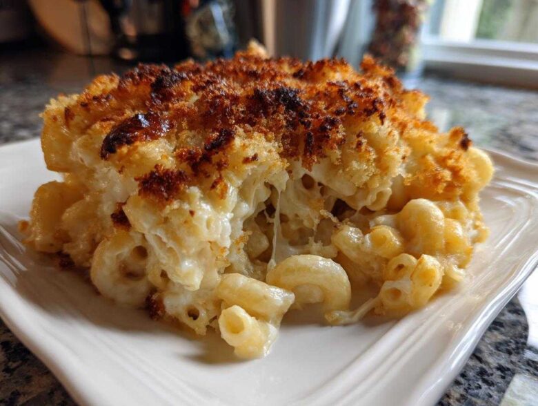 A close-up of a serving of Homemade Mac and Cheese Right Here with a crispy, browned breadcrumb topping and cheesy pull.