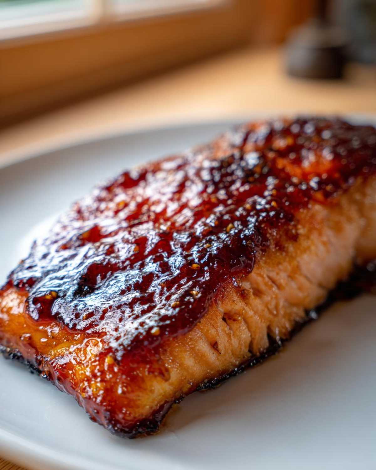 Close-up of a perfectly cooked Honey Soy Glazed Salmon fillet with a dark, shiny glaze on a white plate.