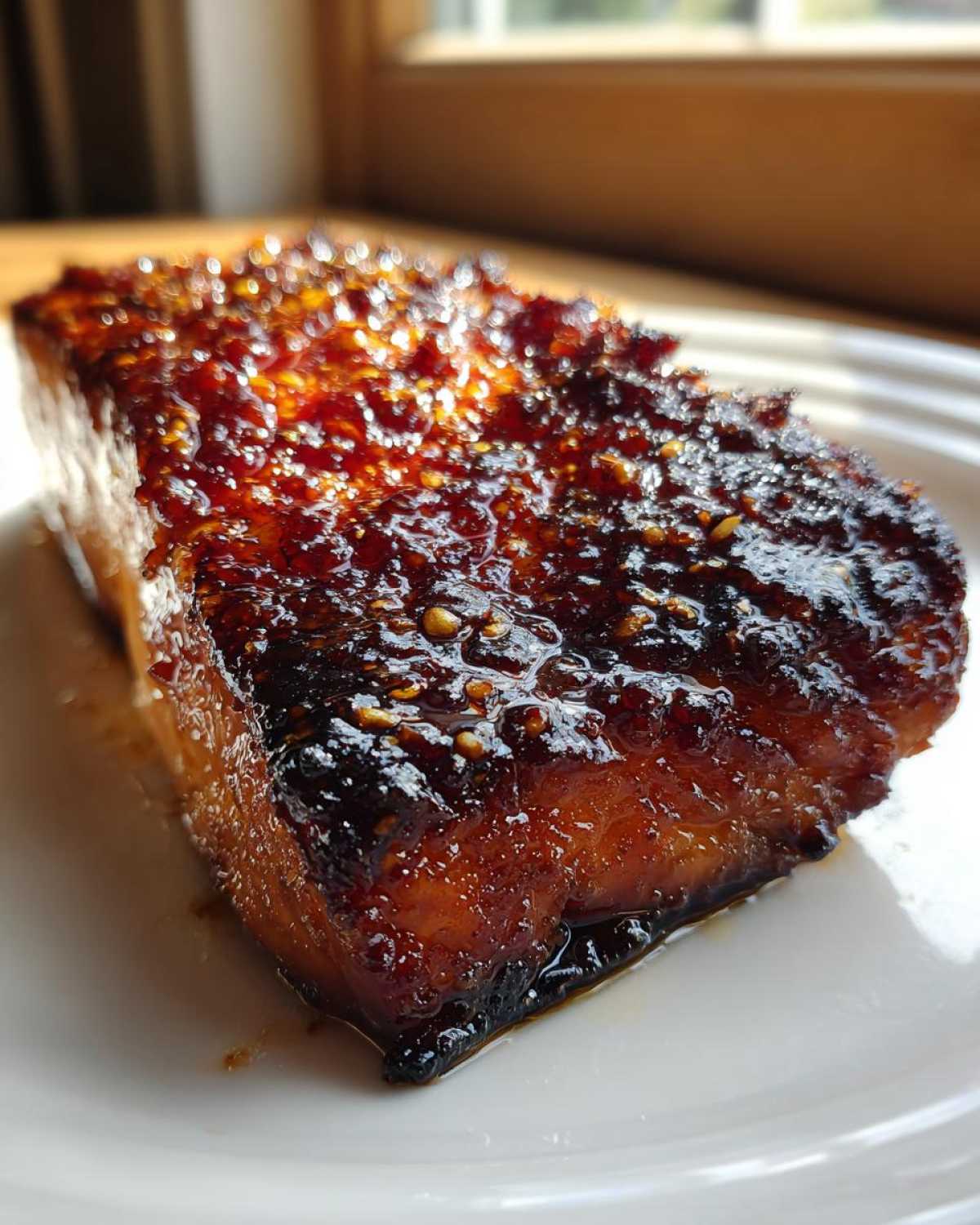 Close-up of a thick fillet of Honey Soy Glazed Salmon with a shiny, caramelized top sprinkled with sesame seeds.