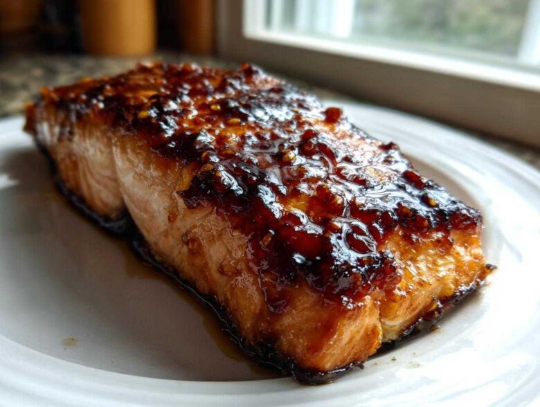 A close-up of a perfectly cooked Honey Soy Glazed Salmon fillet with a thick, shiny, caramelized glaze on a white plate.