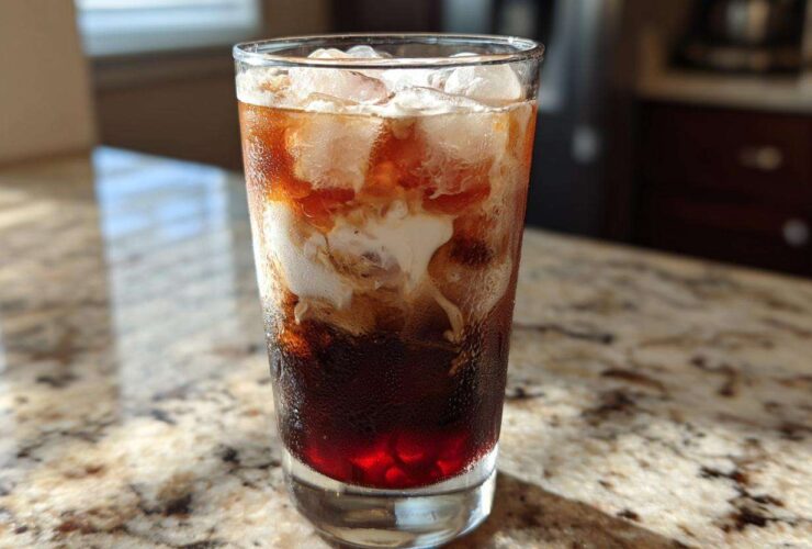 A tall glass of Iced Cherry Vanilla Cold Brew with ice cubes and cream swirling into the dark coffee.
