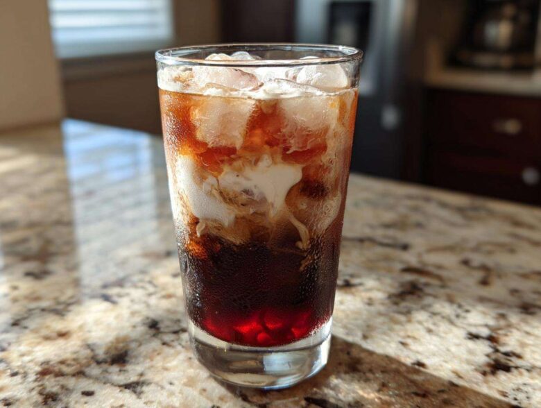 A tall glass of Iced Cherry Vanilla Cold Brew with ice cubes and cream swirling into the dark coffee.