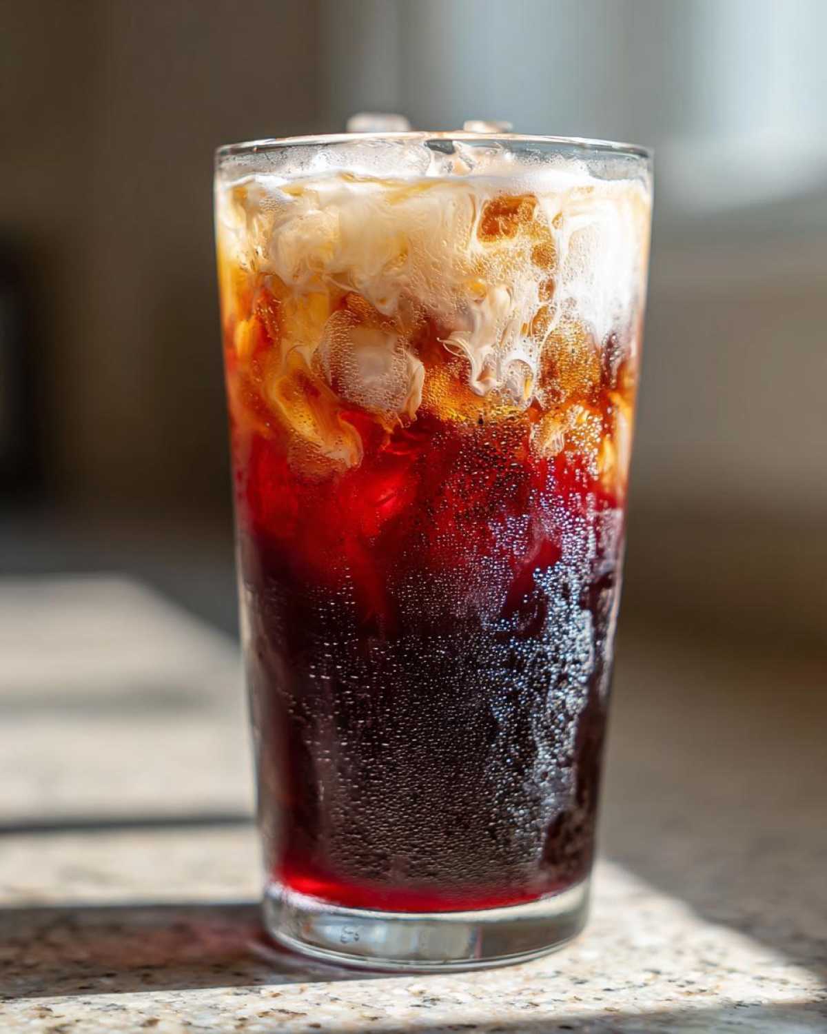 Close-up of a tall, sweating glass filled with Iced Cherry Vanilla Cold Brew, showing layers of dark coffee, cherry syrup, and cream.