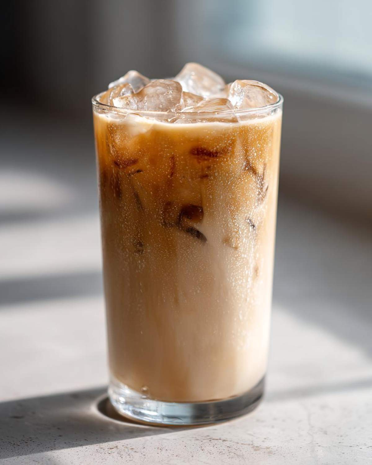 A tall glass filled with an Iced Honey Vanilla Latte with Oat Milk, topped with ice cubes.