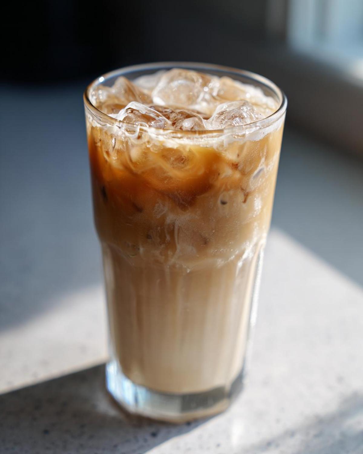 Close-up of a tall glass filled with an Iced Honey Vanilla Latte with Oat Milk, showing layers of coffee and milk over ice cubes.