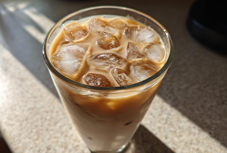 Close-up of a refreshing Iced Honey Vanilla Latte with Oat Milk filled with ice cubes.