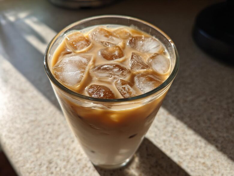 Close-up of a refreshing Iced Honey Vanilla Latte with Oat Milk filled with ice cubes.