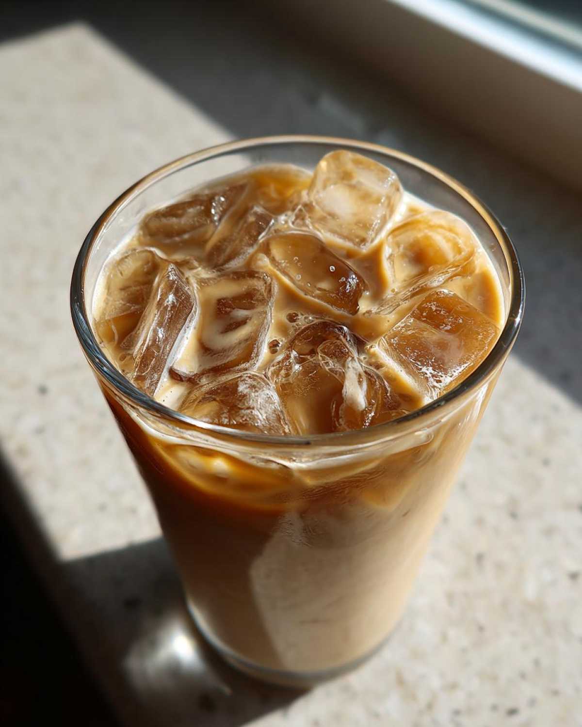 Close-up of a tall glass filled with Iced Honey Vanilla Latte with Oat Milk and ice cubes, sitting in bright sunlight.
