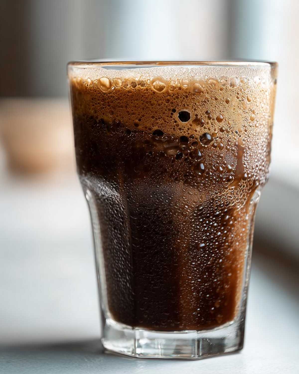 Close-up of a cold, frosty glass filled with a dark brown Keto Creamy Chocolate Peanut Butter Shake, showing condensation.