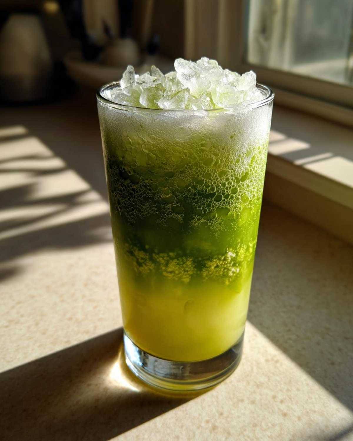 A tall glass filled with a layered Iced Matcha Pineapple Refresher, topped with crushed ice.