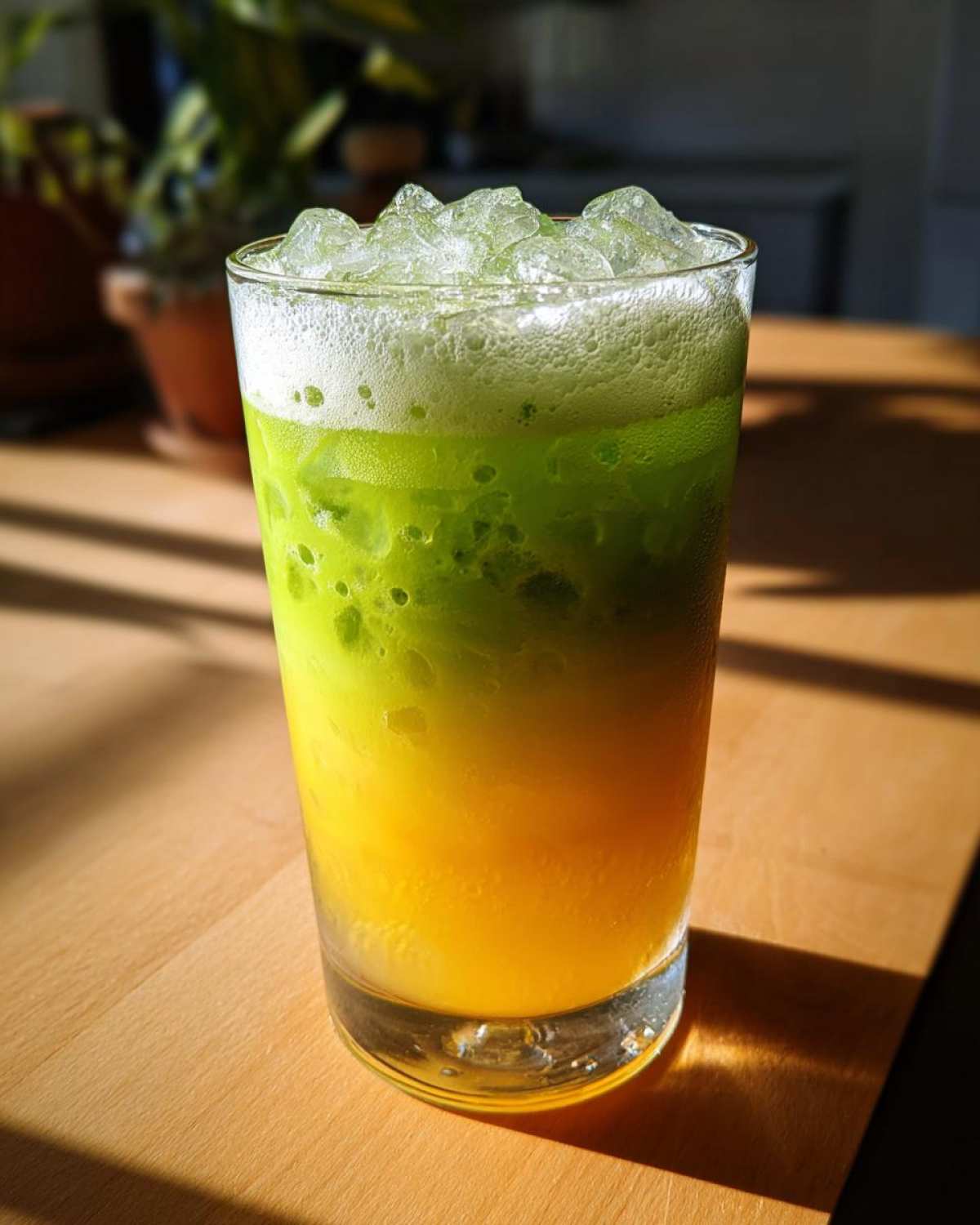 A tall glass showcasing the layered Iced Matcha Pineapple Refresher with bright yellow pineapple juice below and vibrant green matcha foam above, topped with crushed ice.