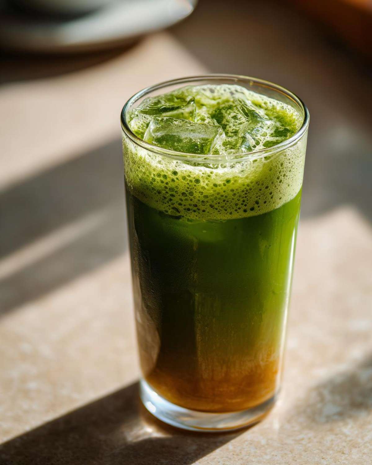 Close-up of a tall glass filled with a layered Iced Matcha Pineapple Refresher, showing green foam and ice cubes.