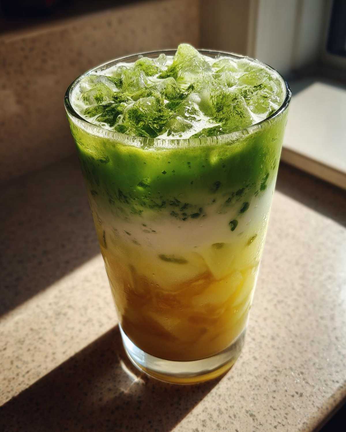 A tall glass showing the distinct layers of an Iced Matcha Pineapple Refresher: yellow pineapple juice base, white milk layer, and vibrant green matcha on top with crushed ice.