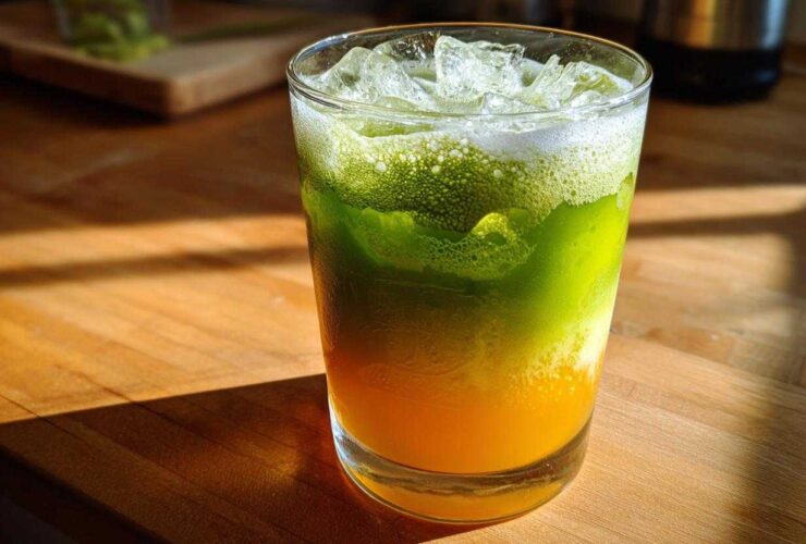 Close-up of a layered Iced Matcha Pineapple Refresher with bright green matcha foam over yellow pineapple juice and ice.