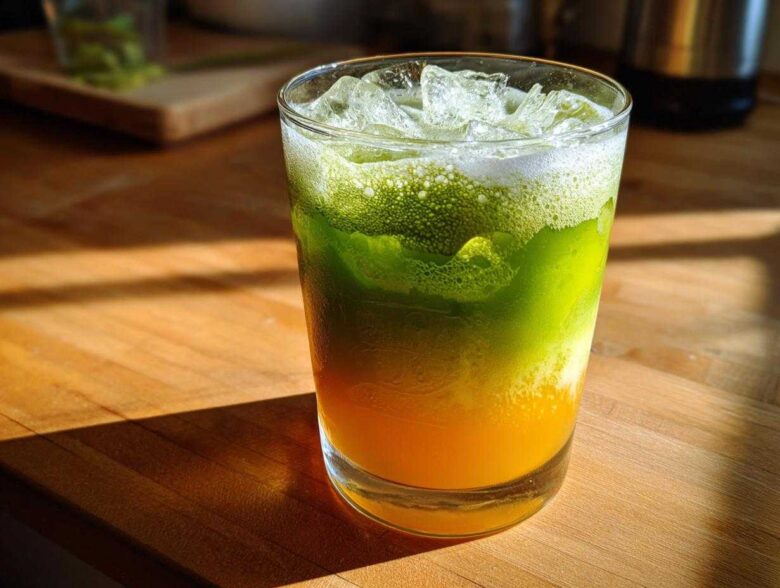 Close-up of a layered Iced Matcha Pineapple Refresher with bright green matcha foam over yellow pineapple juice and ice.