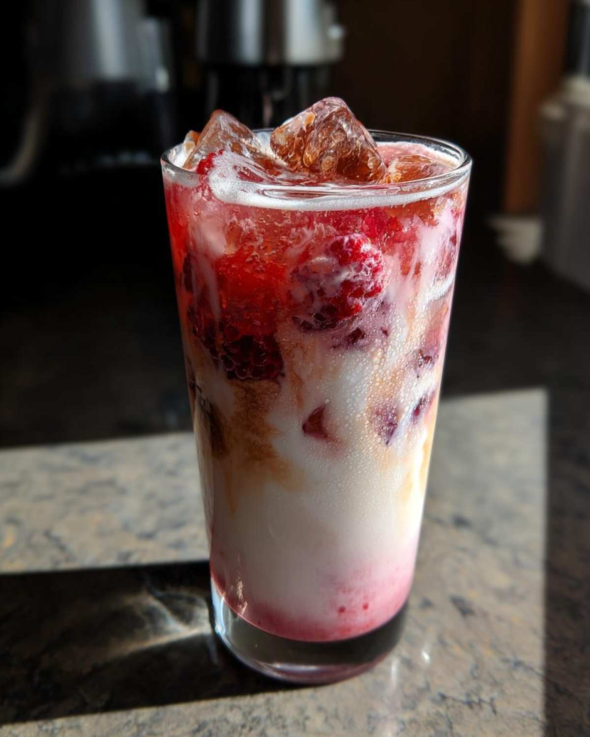 A tall glass of layered Iced Raspberry Vanilla Chai with ice, milk, and visible raspberry pieces.