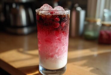 A tall, condensation-covered glass filled with Iced Raspberry Vanilla Chai showing distinct layers of white milk, pink raspberry syrup, and dark chai concentrate, topped with ice.
