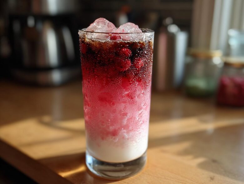 A tall, condensation-covered glass filled with Iced Raspberry Vanilla Chai showing distinct layers of white milk, pink raspberry syrup, and dark chai concentrate, topped with ice.