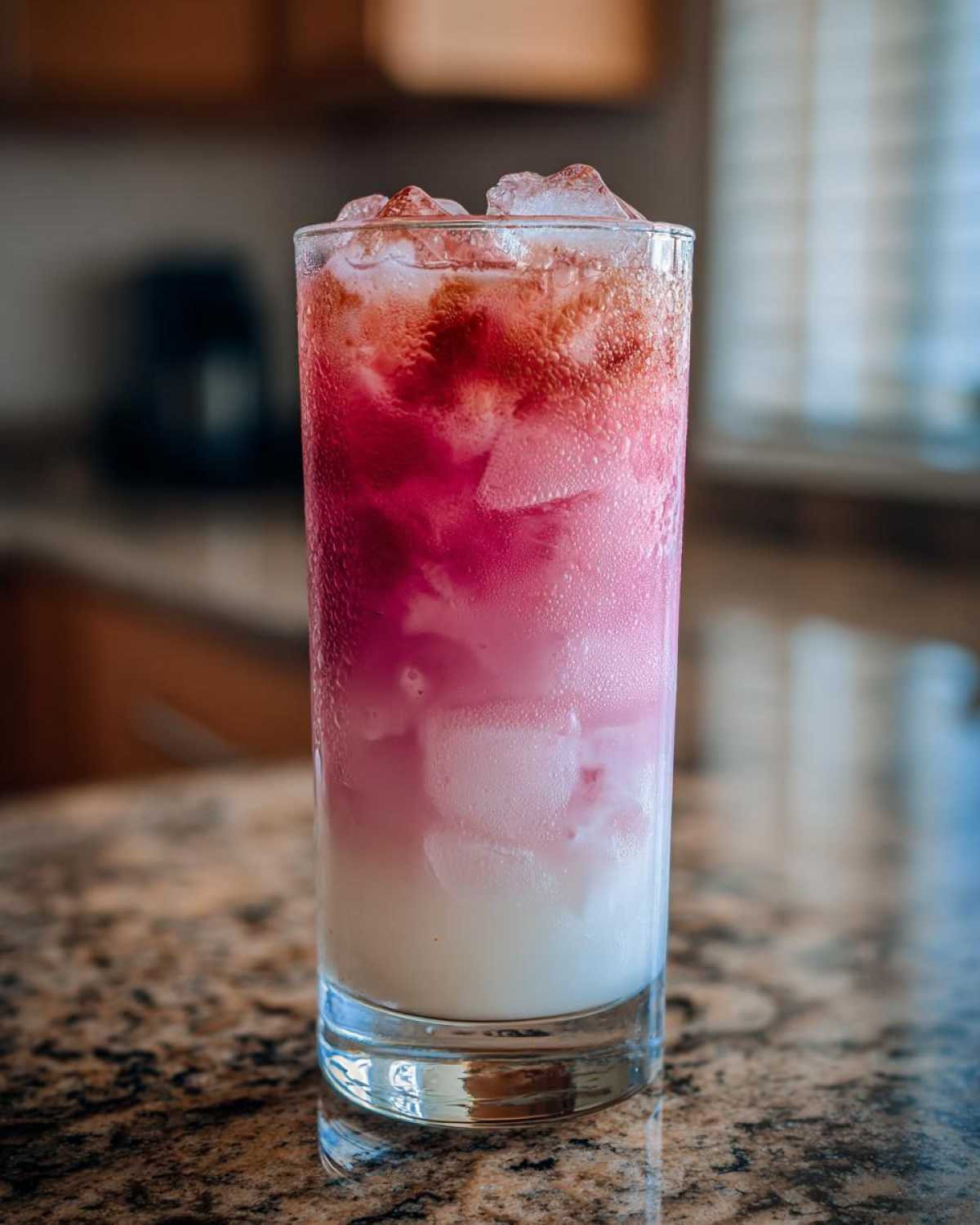 Close-up of a tall glass filled with Iced Raspberry Vanilla Chai showing layered pink and white colors over ice.
