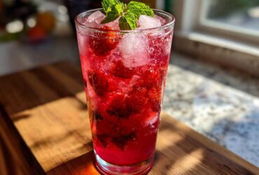 A tall glass filled with vibrant red Iced Strawberry Hibiscus Tea Lemonade, ice, and fresh mint garnish.