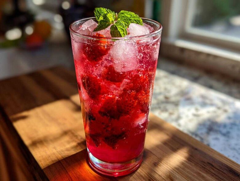 A tall glass filled with vibrant red Iced Strawberry Hibiscus Tea Lemonade, ice, and fresh mint garnish.
