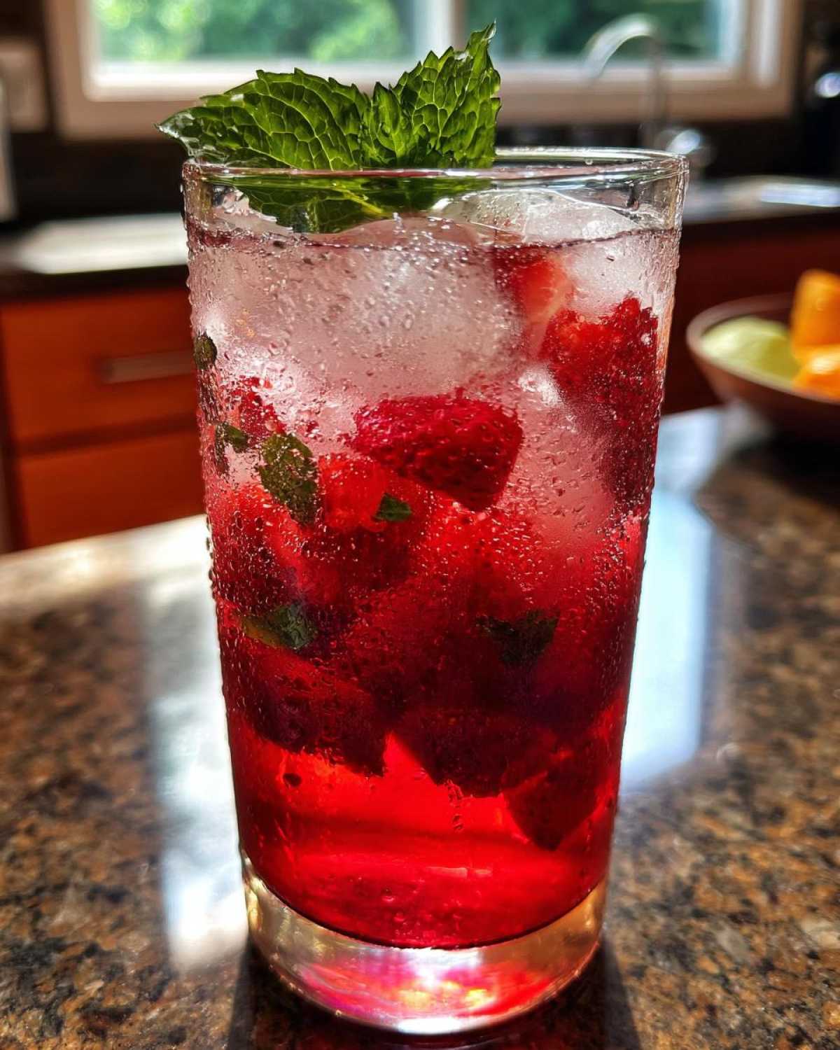 Close-up of a tall, sweating glass filled with Iced Strawberry Hibiscus Tea Lemonade, strawberries, ice, and mint.