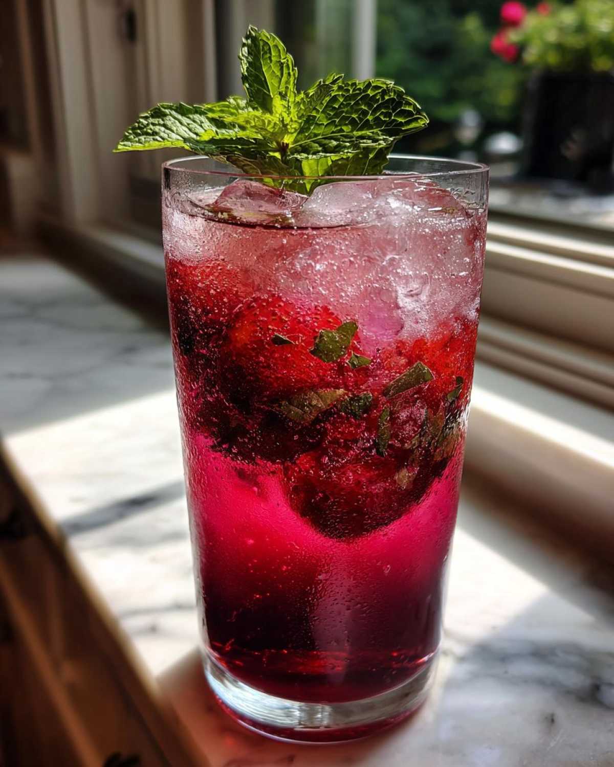 A tall glass filled with Iced Strawberry Hibiscus Tea Lemonade, ice, strawberries, and topped with fresh mint.
