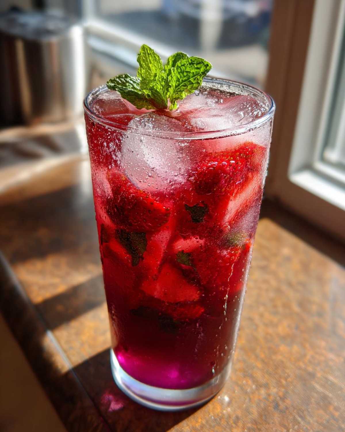 A tall glass filled with vibrant Iced Strawberry Hibiscus Tea Lemonade, ice, strawberries, and topped with fresh mint.