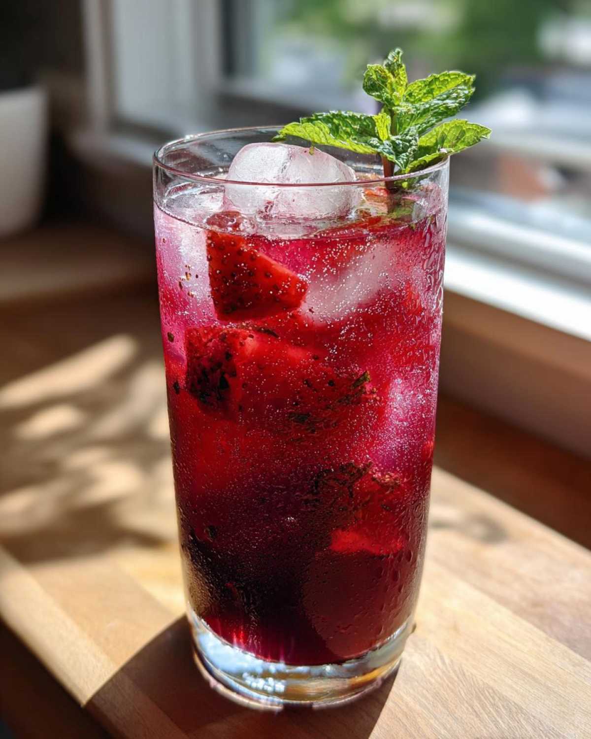 A tall glass of vibrant red Iced Strawberry Hibiscus Tea Lemonade with ice, strawberries, and a mint garnish.