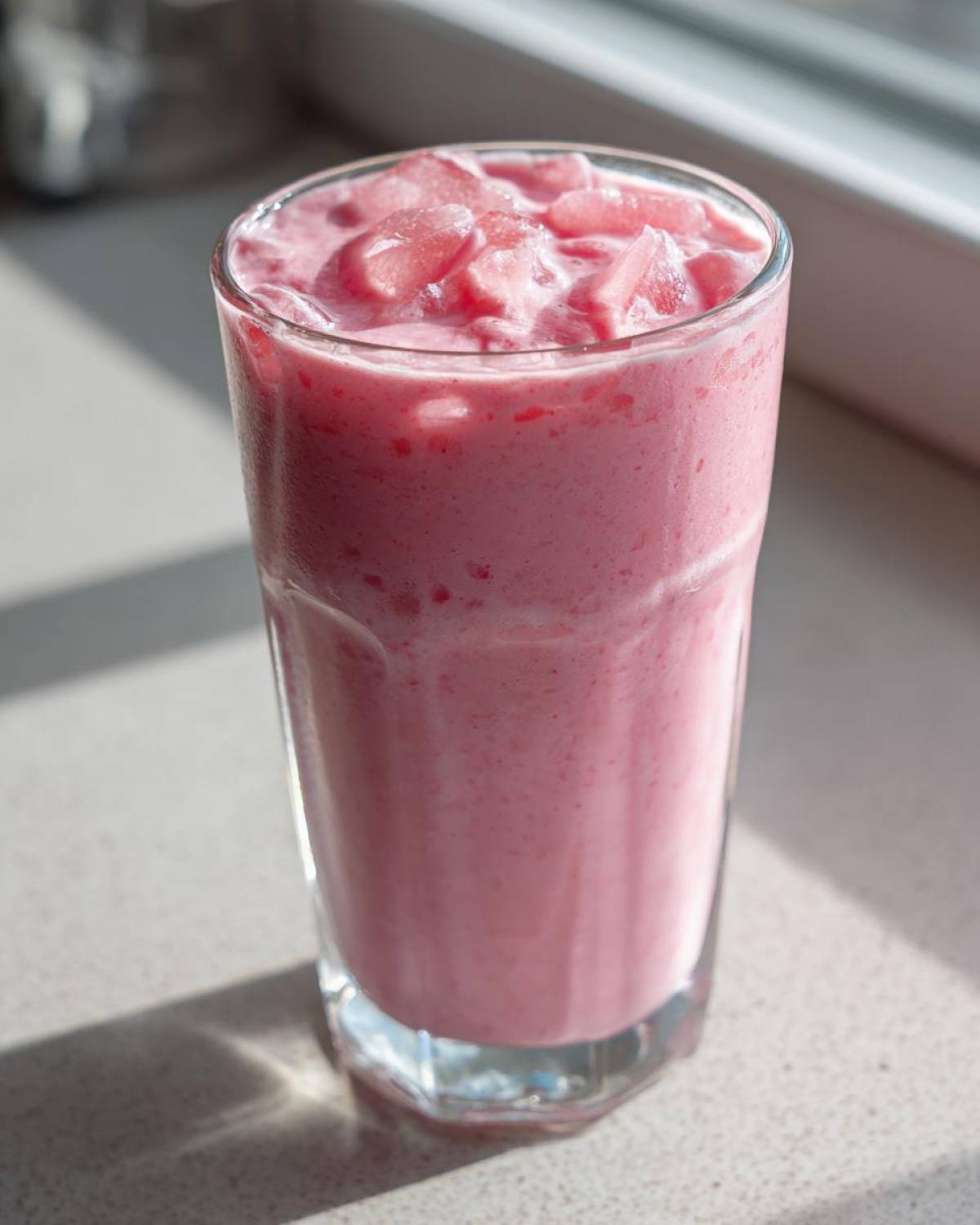 A tall glass filled with a creamy, pink Iced Vanilla Strawberry Protein Shake topped with ice cubes.
