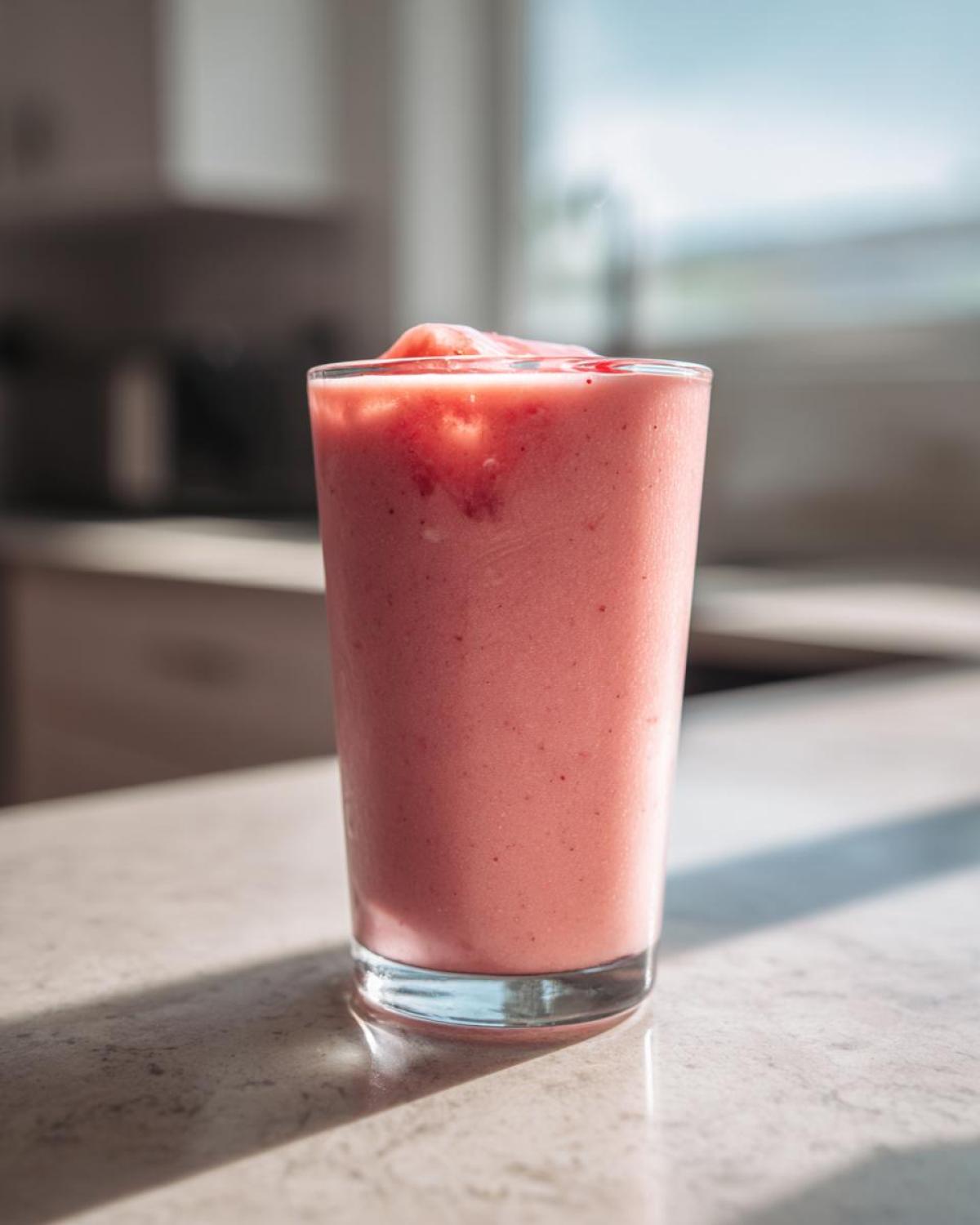 A tall glass filled with a thick, pink Iced Vanilla Strawberry Protein Shake, sitting on a counter in bright sunlight.