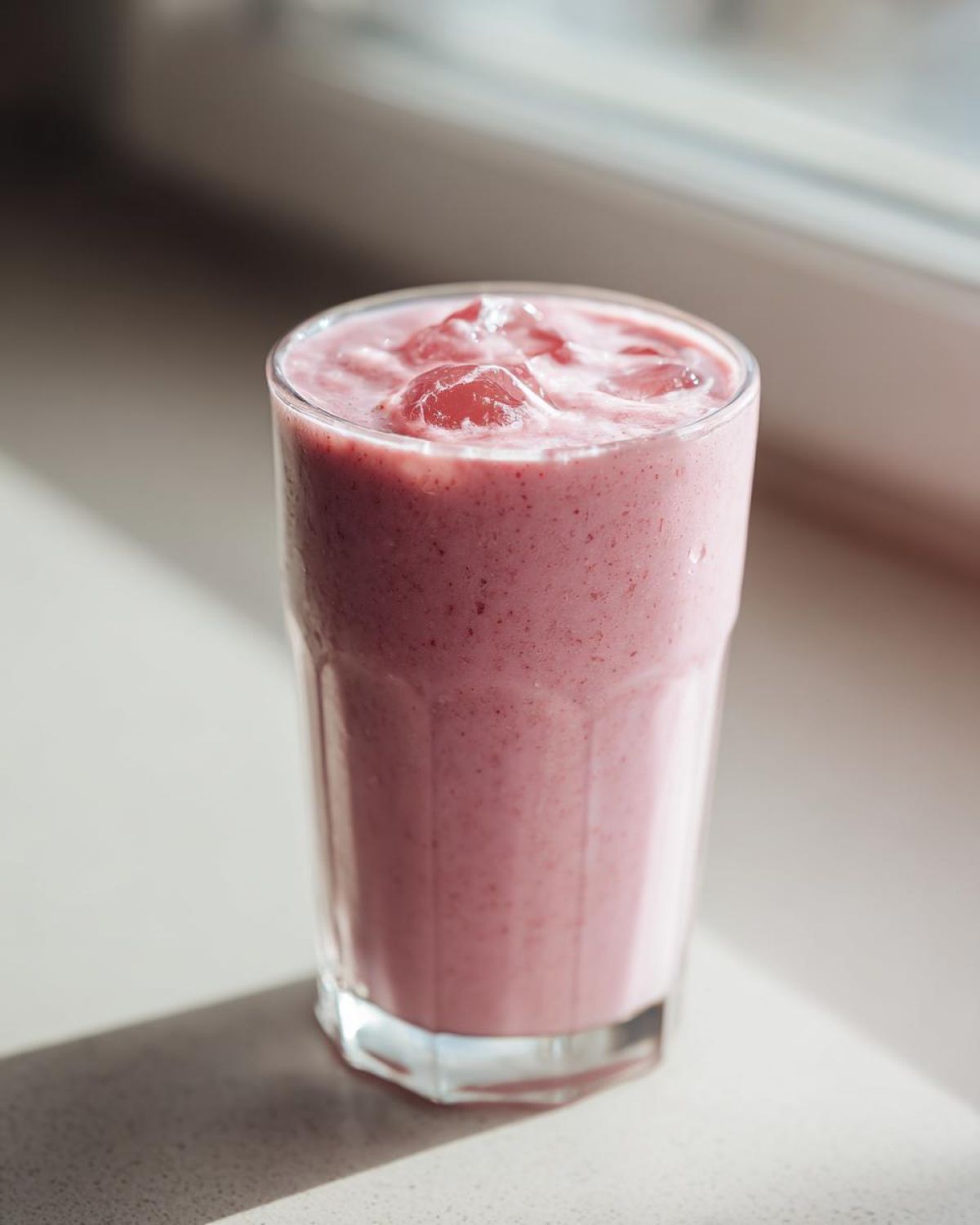A tall glass filled with a thick, pink Iced Vanilla Strawberry Protein Shake, topped with ice cubes.