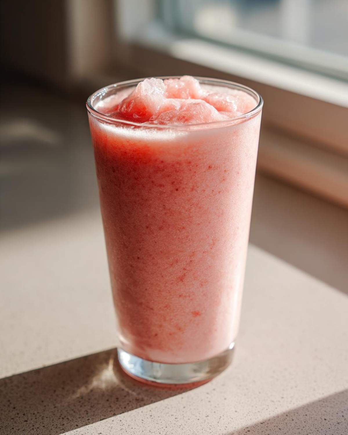 A tall glass filled with a thick, pink, icy Iced Vanilla Strawberry Protein Shake, sitting on a light countertop near a window.